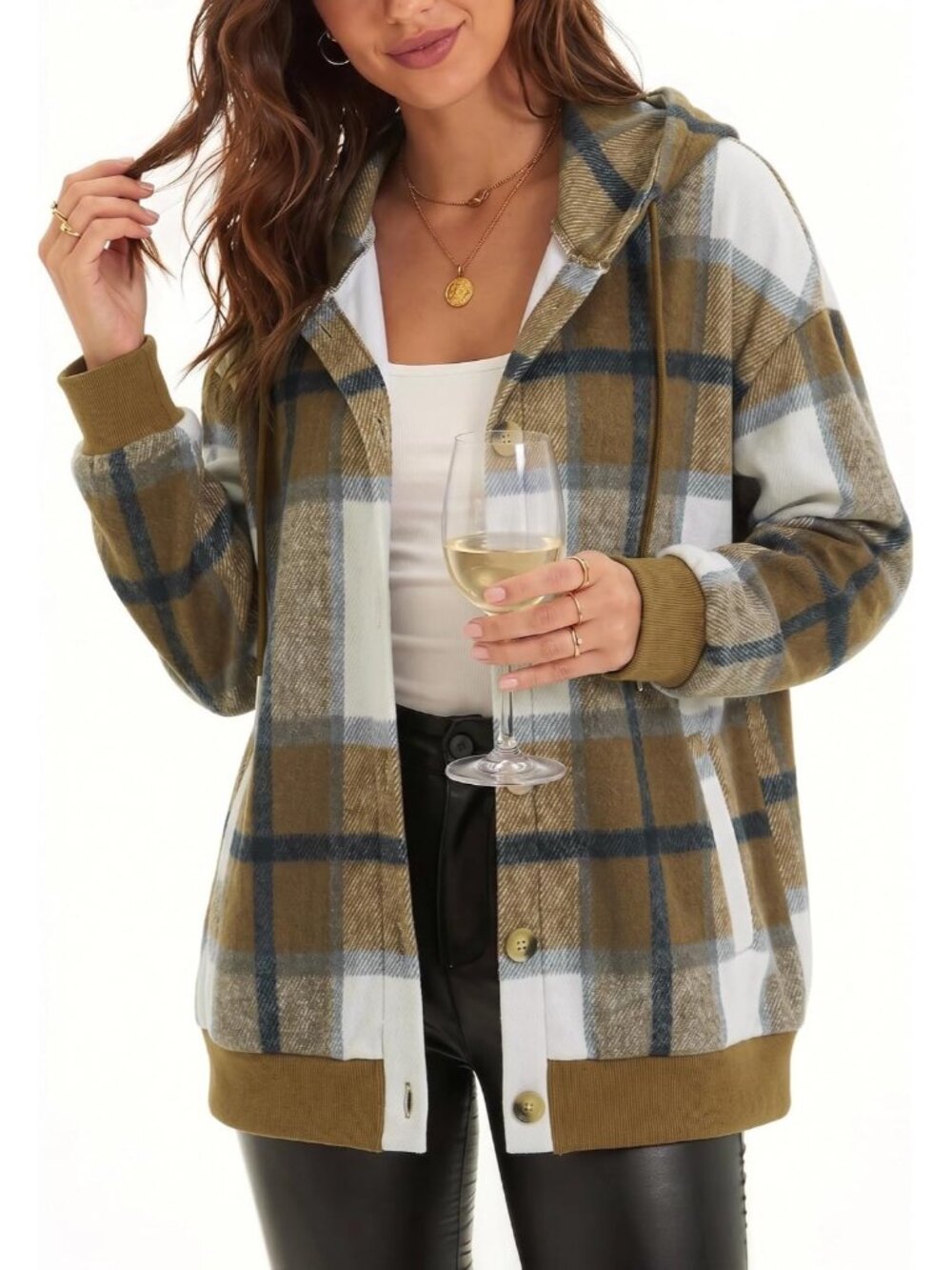 〽️Women Brown Plaid Hoodie Sweatshirt Button Pocket Comfy Fleece Fashion Jackets
